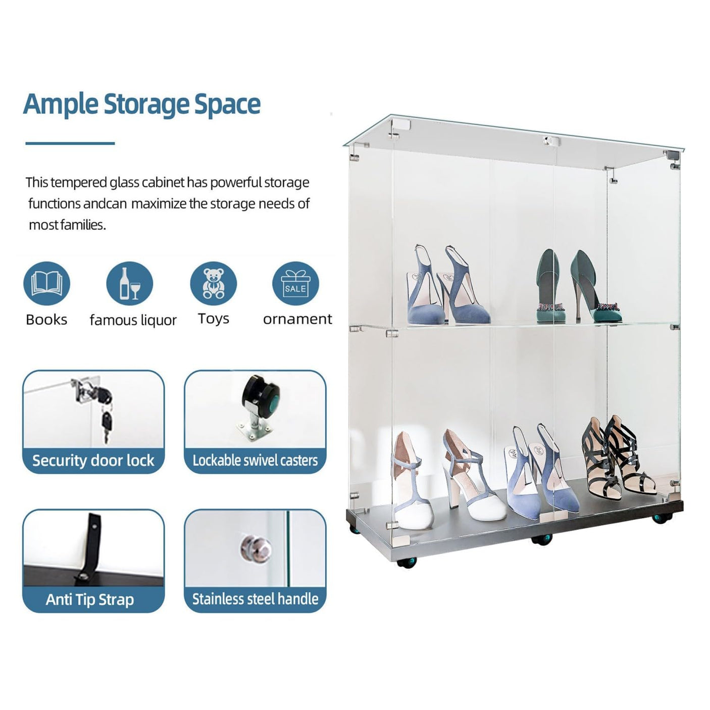 2-Tier Tempered Glass Display Cabinet with Bluetooth LED Light | Music Sync, Motion Sensor & Lockable Casters