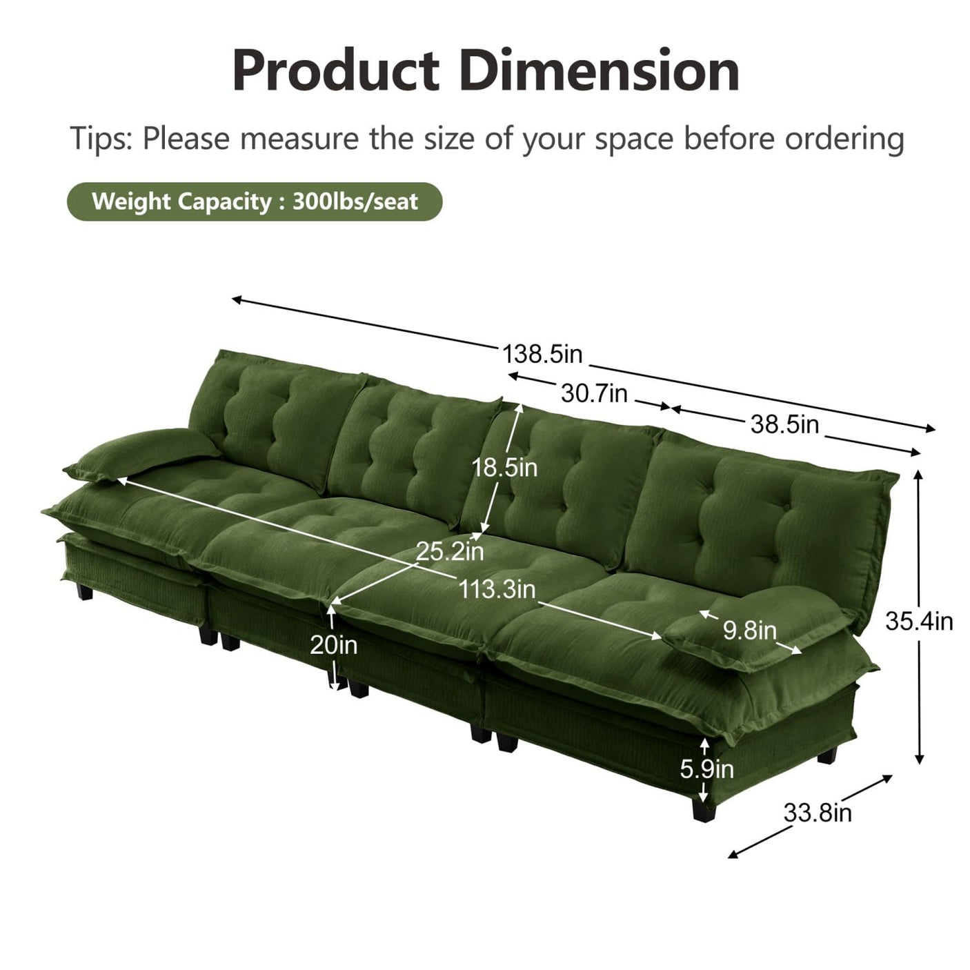 Modular Sectional Sofa with Cloud Cushions | Chenille Fabric | 2/3/4 Seater with Ottoman Options