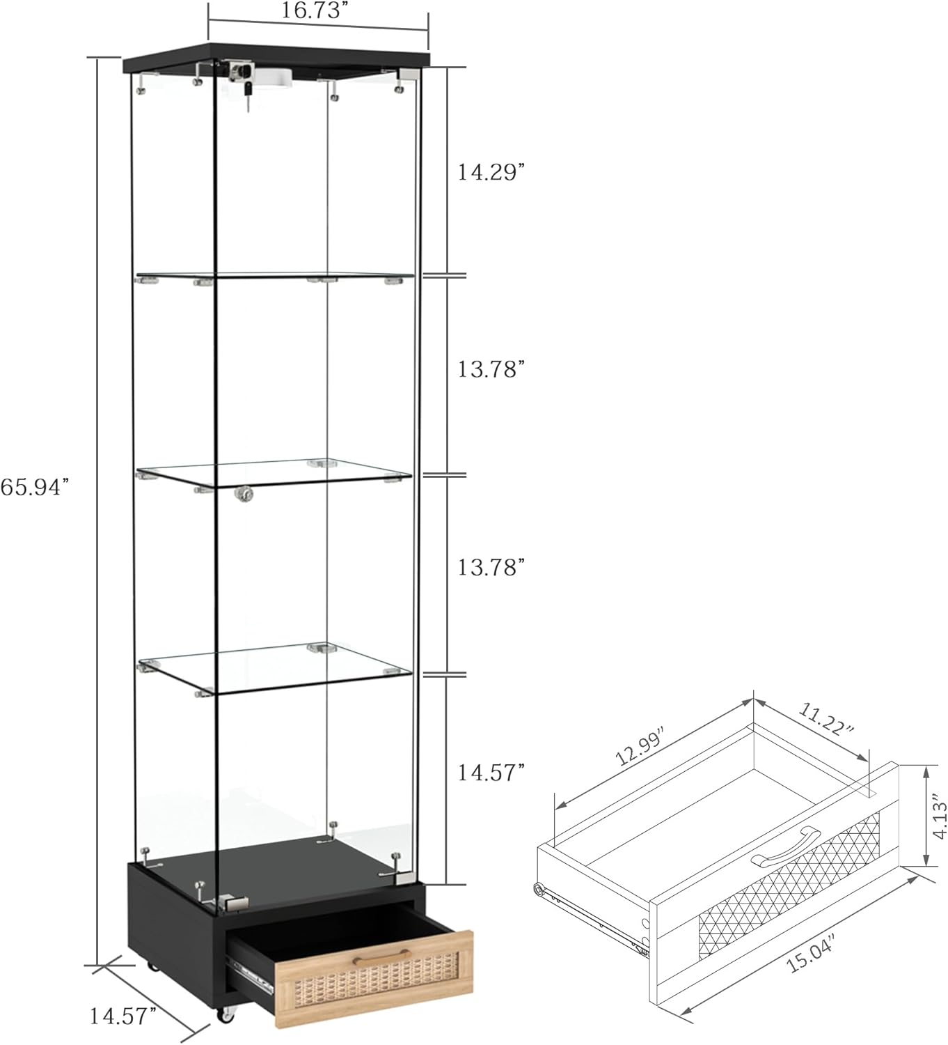 YECHEN Glass Display Cabinet with LED Lights | 4-Shelf Curio Cabinet with Drawer & Locking Door