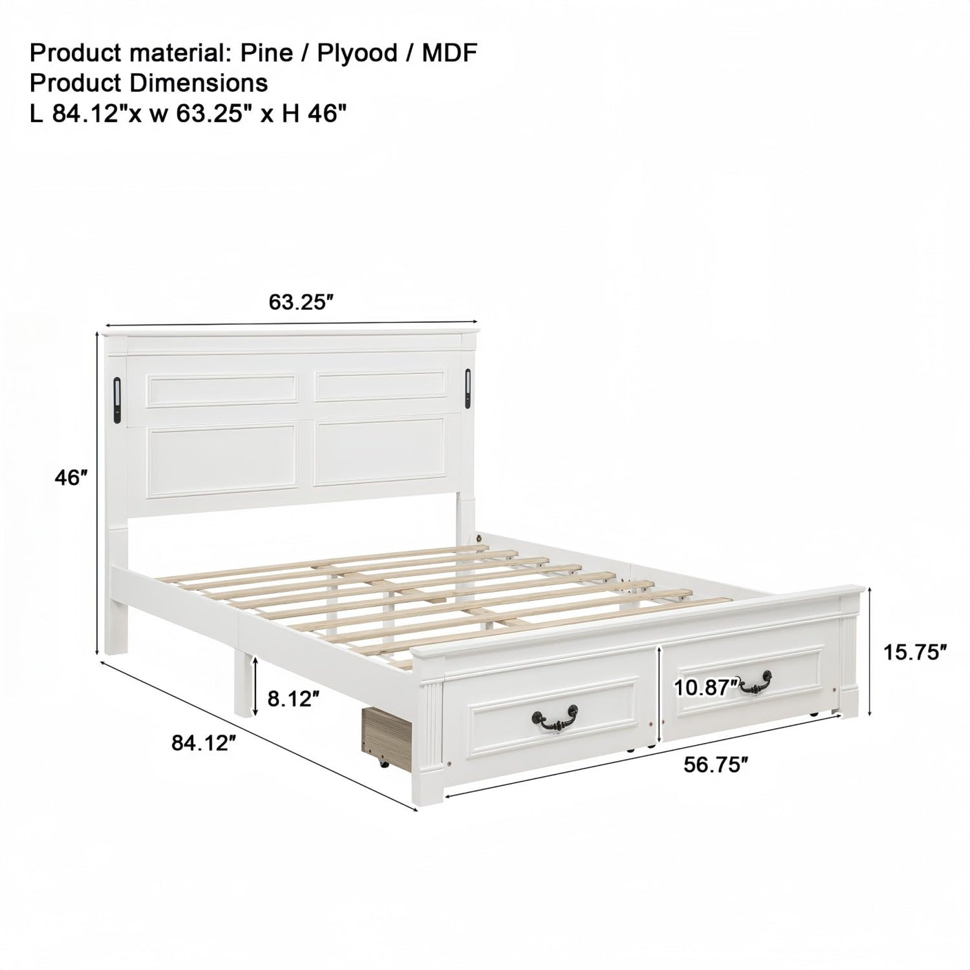 Farmhouse Bed Frame with Storage Drawers & LED Lights | Solid Pine Wood