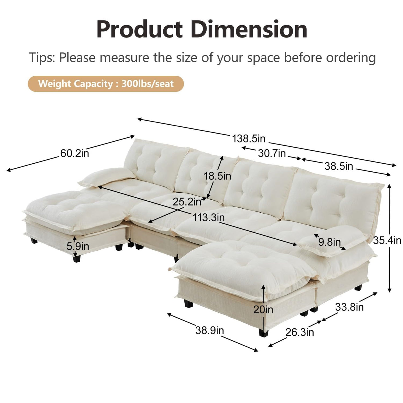 Modular Sectional Sofa with Cloud Cushions | Chenille Fabric | 2/3/4 Seater with Ottoman Options