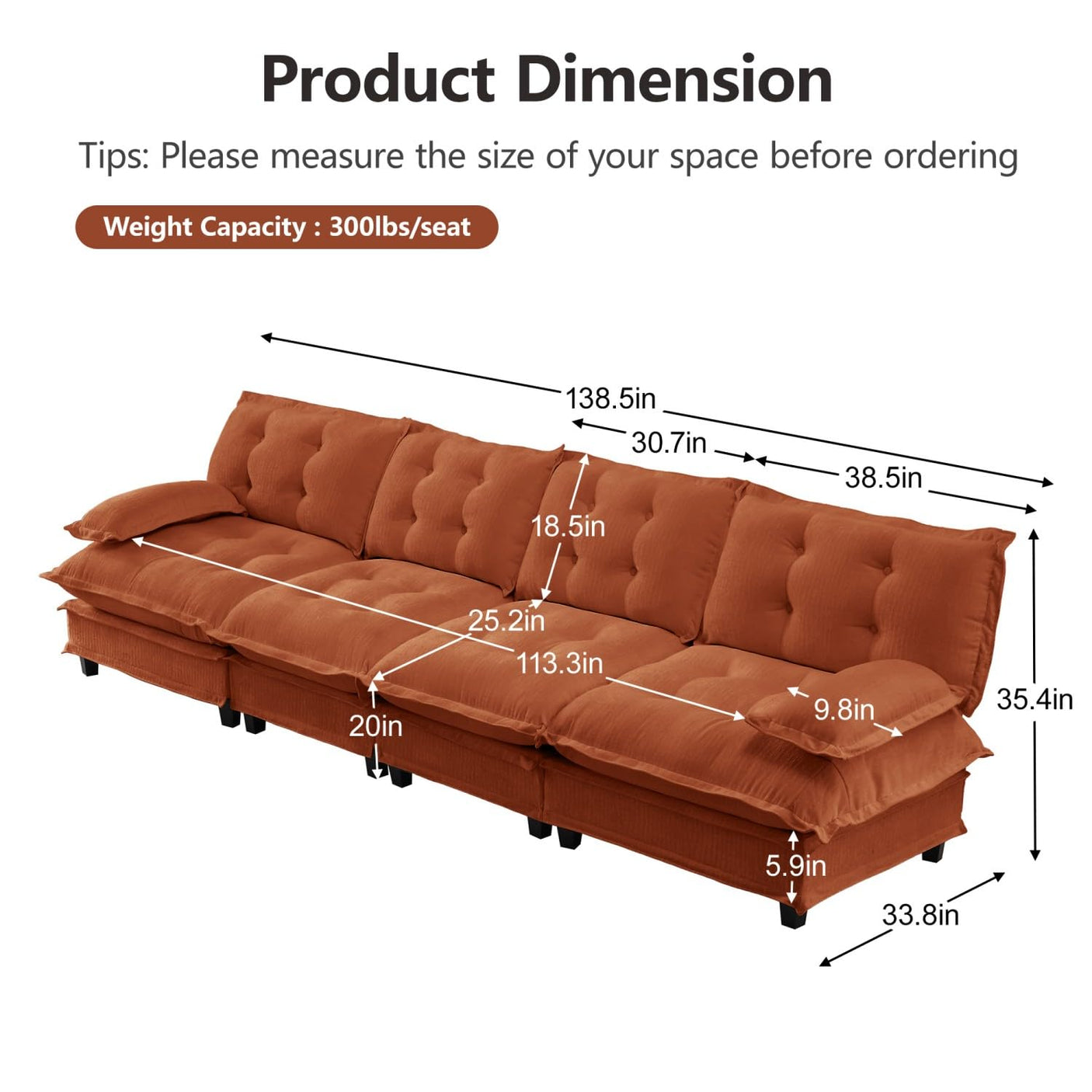 Modular Sectional Sofa with Cloud Cushions | Chenille Fabric | 2/3/4 Seater with Ottoman Options