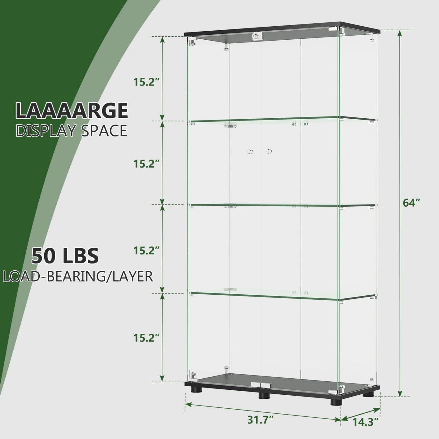 YECHEN Glass Display Cabinet with 5-Shelf | Tempered Glass Curio Cabinet with Lock, Double Doors & Anti-Topple Device