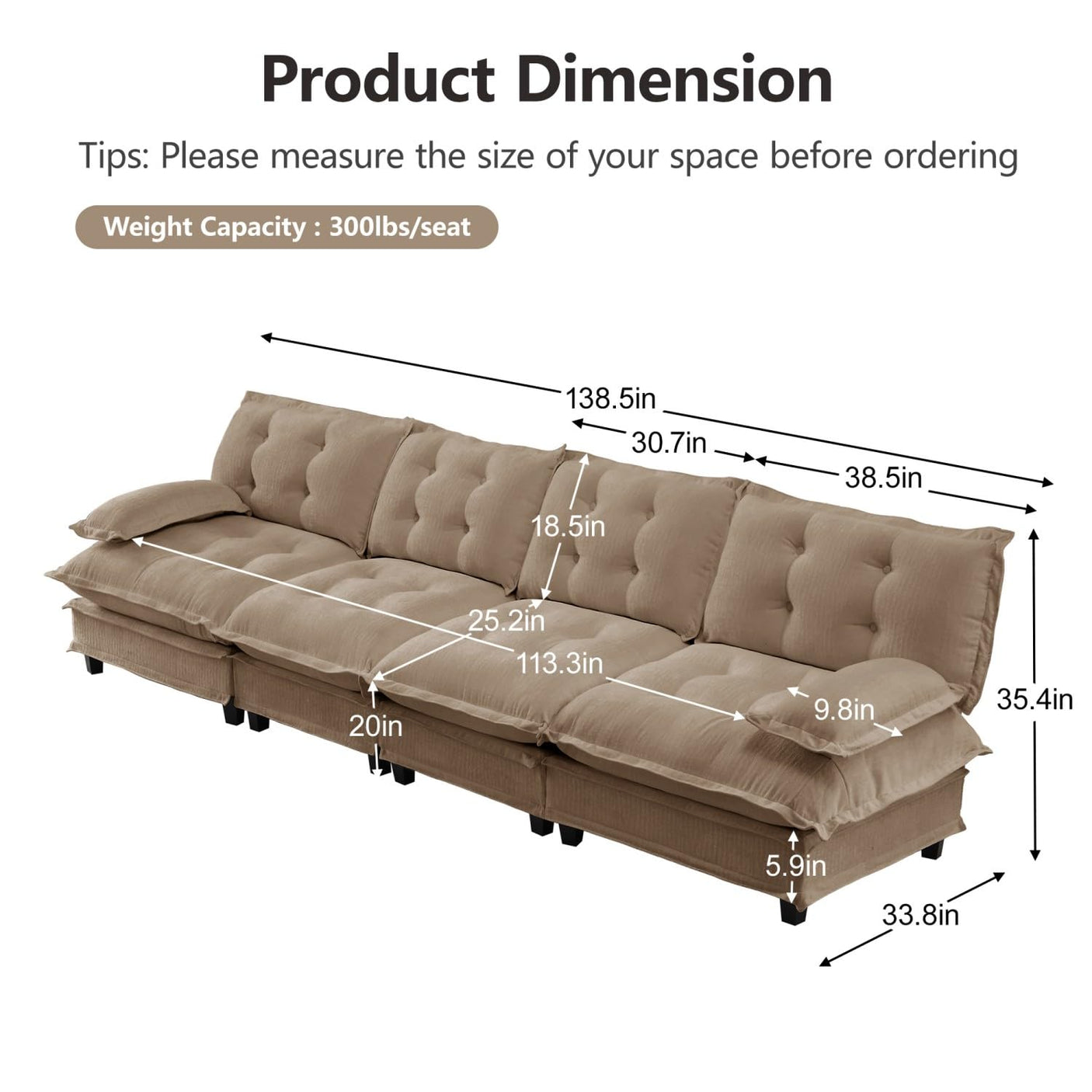 Modular Sectional Sofa with Cloud Cushions | Chenille Fabric | 2/3/4 Seater with Ottoman Options
