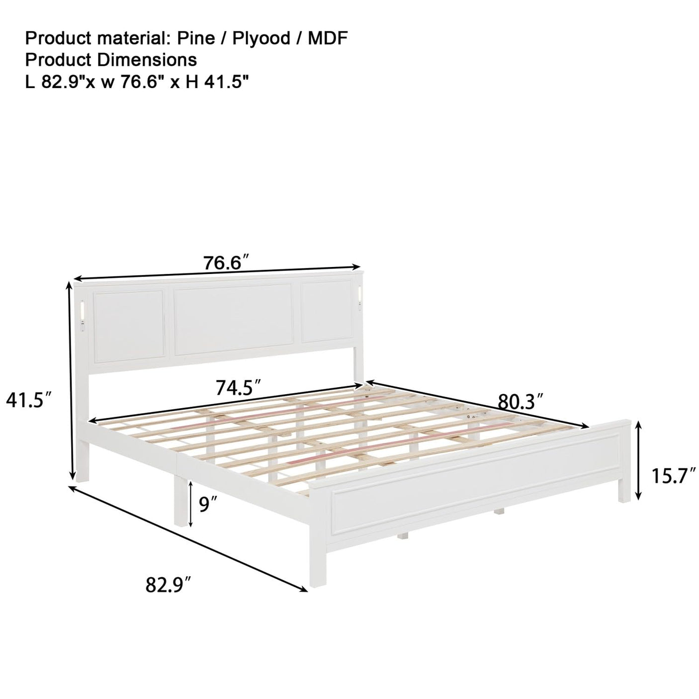 Farmhouse Bed Frame with LED Lights & Charging Station | Solid Pine Wood | Queen & King