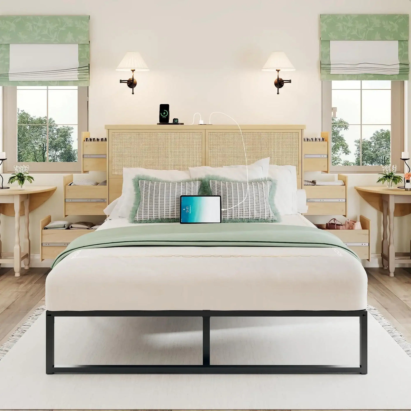 Boho Rattan Queen Beds Frame with Charging Station Headboard