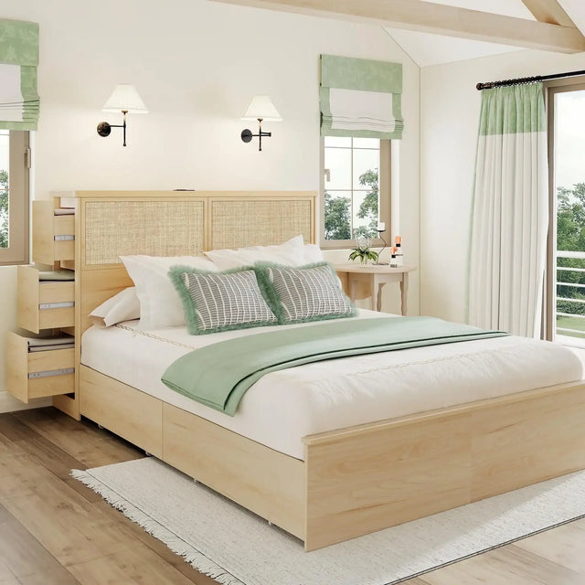 Boho Rattan Queen Beds Frame with Charging Station Headboard