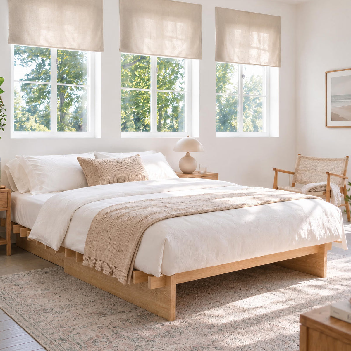 Solid Wood Platform Bed Frame | Natural Oak, Tool-Free Assembly, Queen & King