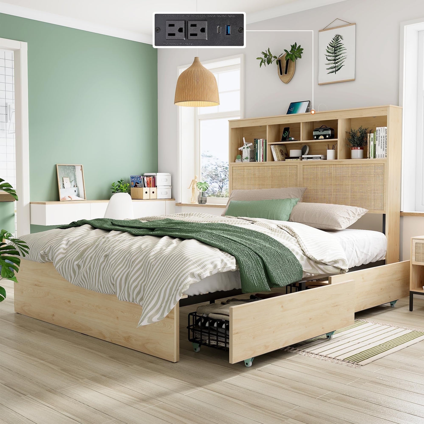 Boho Rattan Queen Beds with Charging Station Headboard