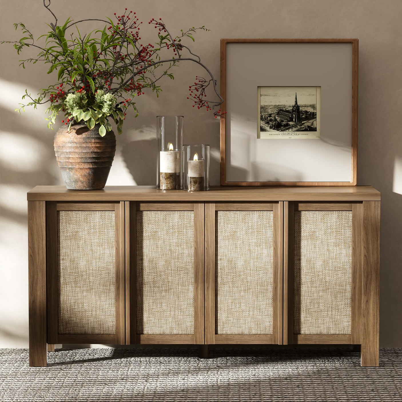 63" Rattan Buffet Cabinet - Natural Walnut Sideboard with Adjustable Shelves