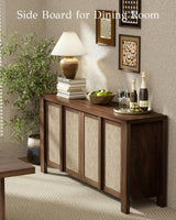 63" Rattan Buffet Cabinet - Natural Walnut Sideboard with Adjustable Shelves