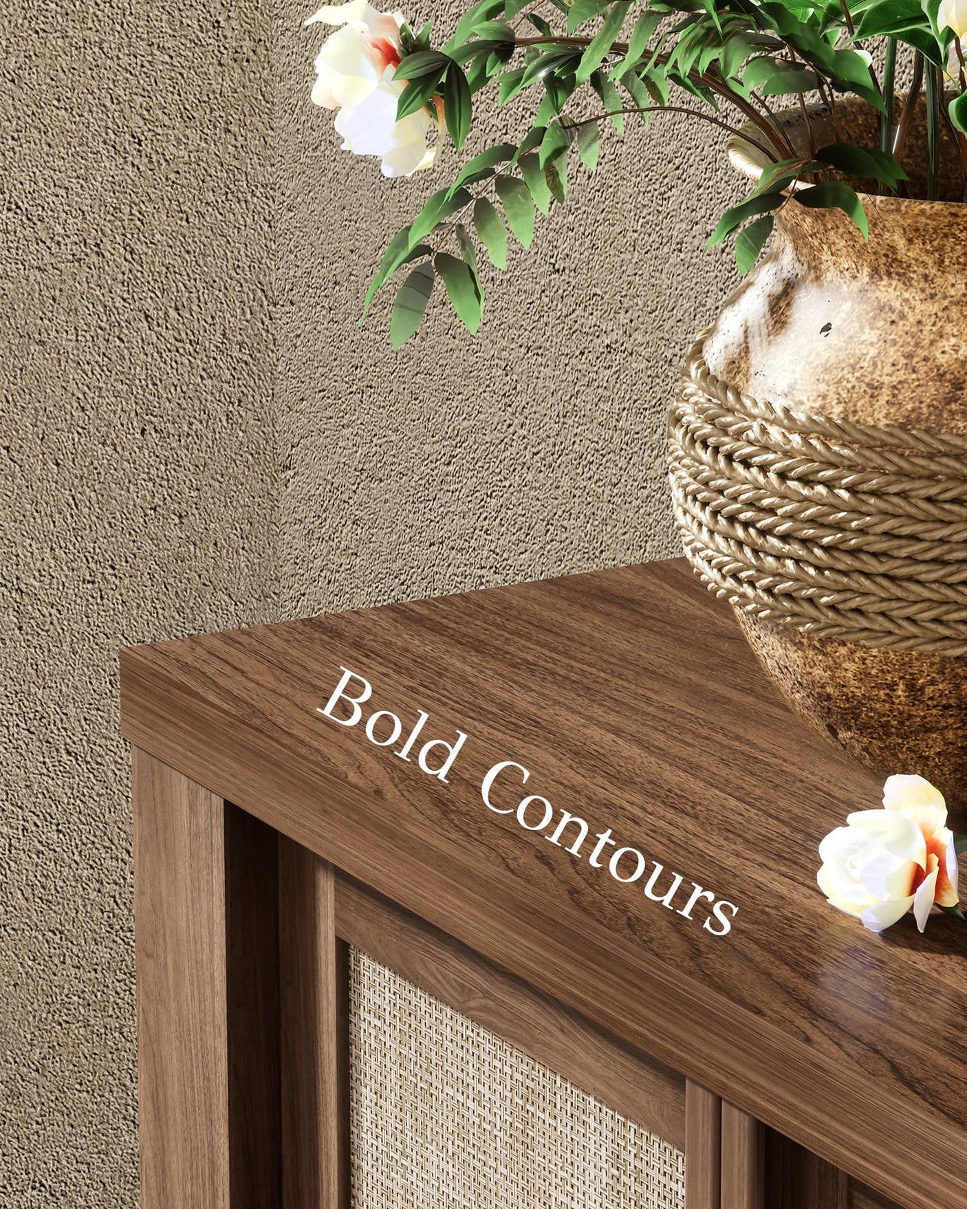 63" Rattan Buffet Cabinet - Natural Walnut Sideboard with Adjustable Shelves