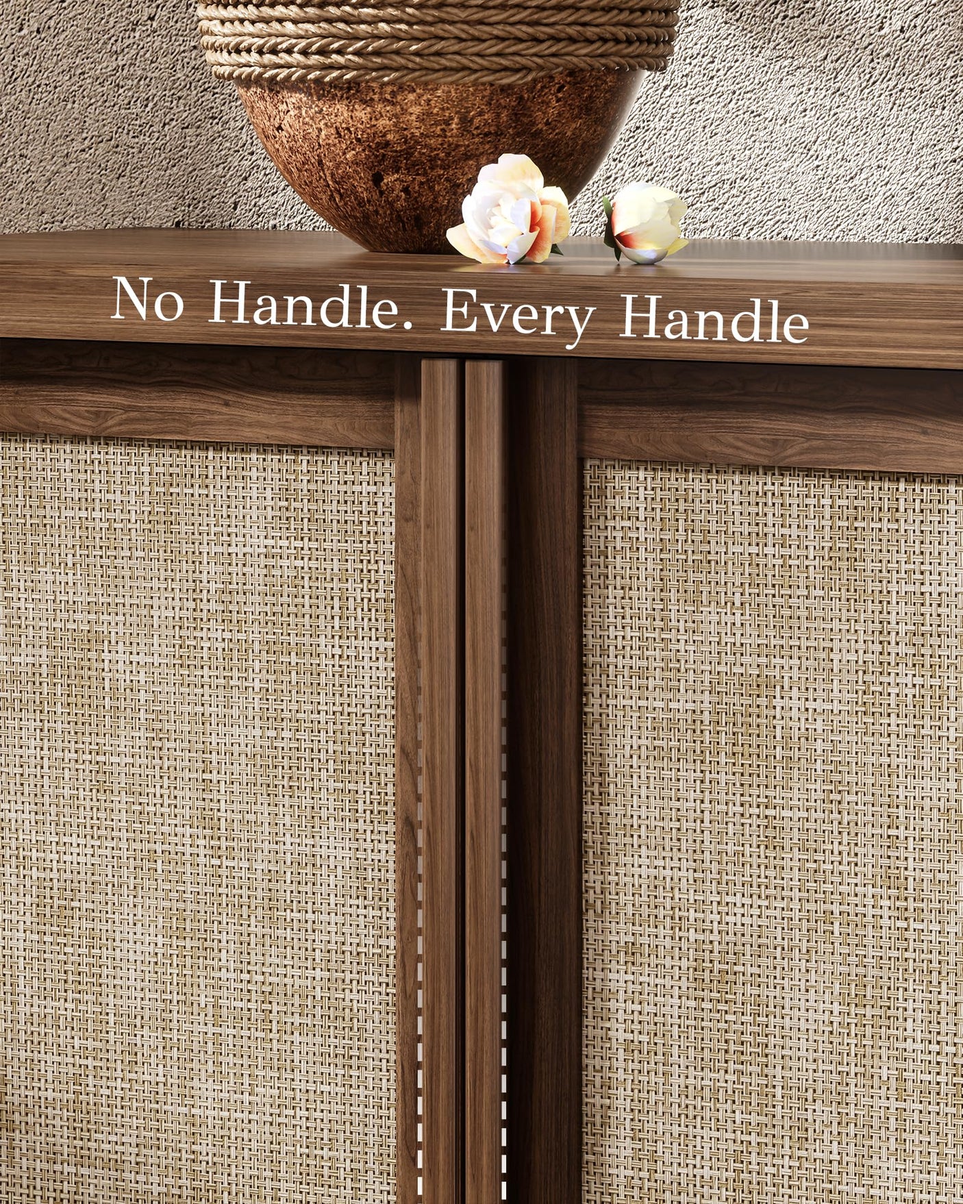 63" Rattan Buffet Cabinet - Natural Walnut Sideboard with Adjustable Shelves