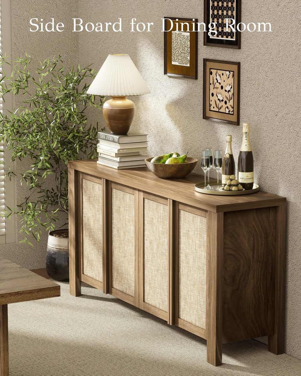 63" Rattan Buffet Cabinet - Natural Walnut Sideboard with Adjustable Shelves
