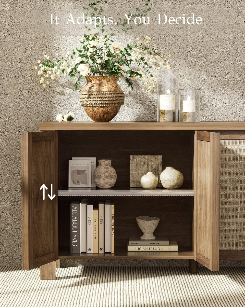 63" Rattan Buffet Cabinet - Natural Walnut Sideboard with Adjustable Shelves