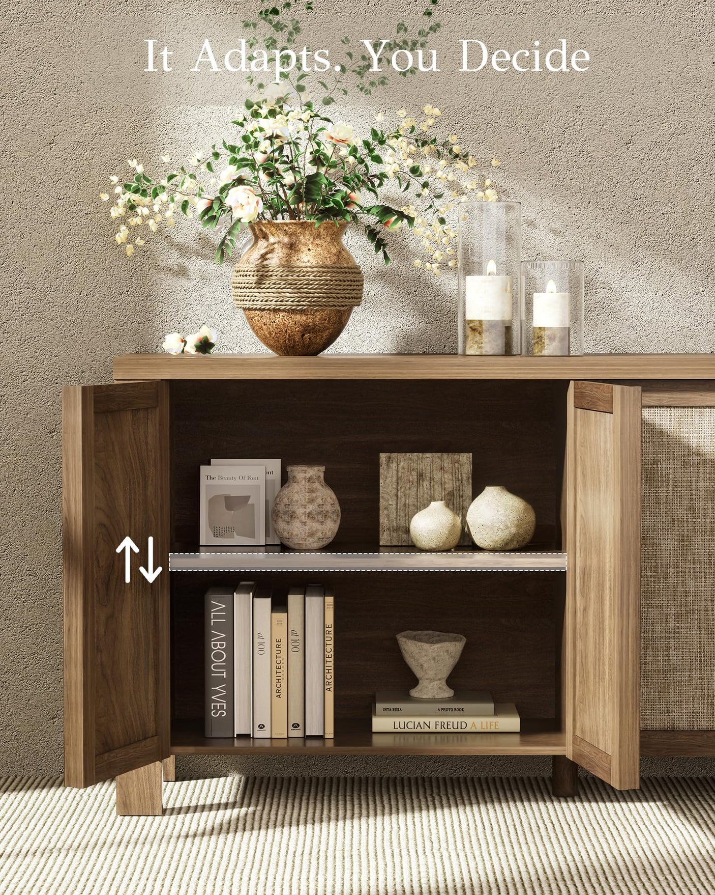63" Rattan Buffet Cabinet - Natural Walnut Sideboard with Adjustable Shelves