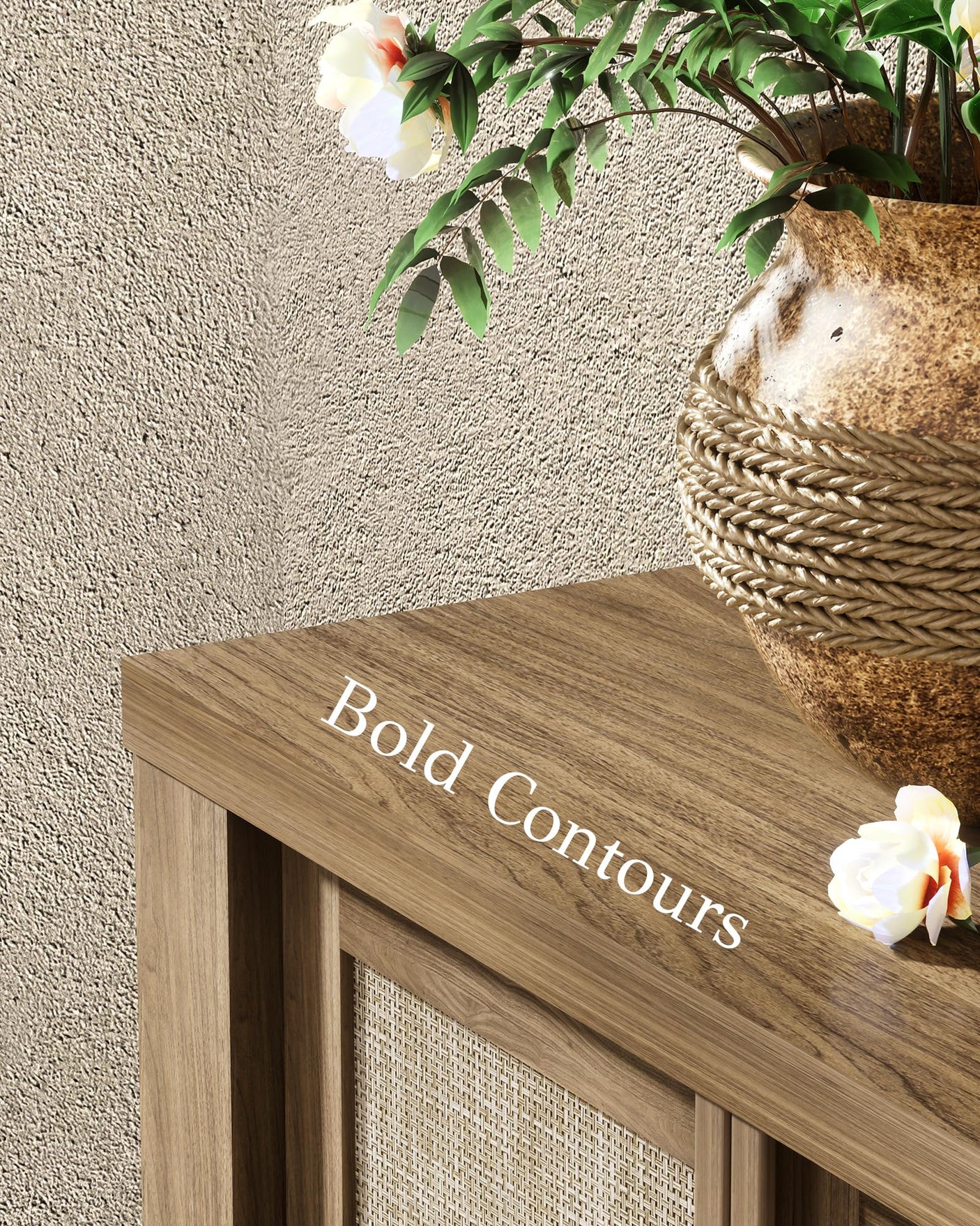 63" Rattan Buffet Cabinet - Natural Walnut Sideboard with Adjustable Shelves