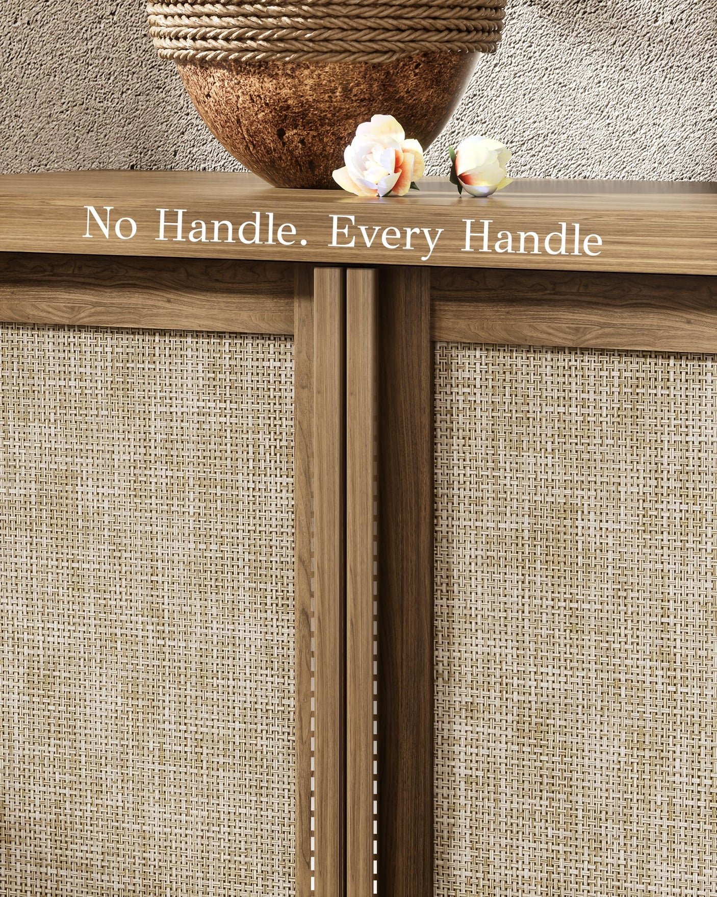 63" Rattan Buffet Cabinet - Natural Walnut Sideboard with Adjustable Shelves