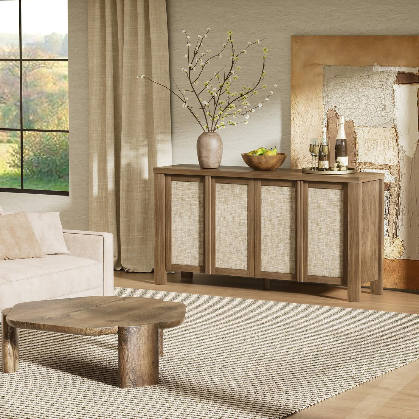63" Rattan Buffet Cabinet - Natural Walnut Sideboard with Adjustable Shelves