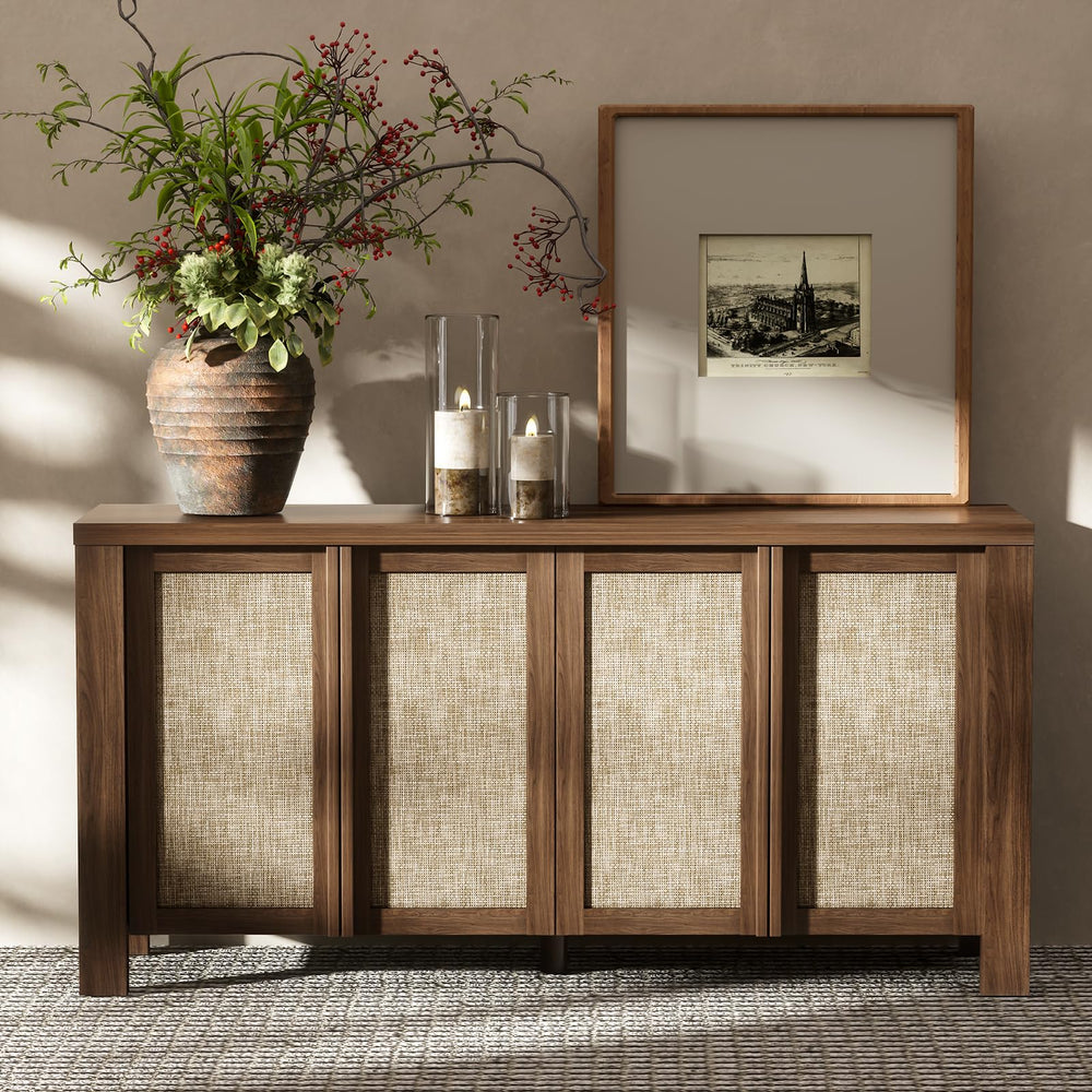 63" Rattan Buffet Cabinet - Natural Walnut Sideboard with Adjustable Shelves