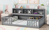 Wood Bed Frame with Bookcase & Shelves