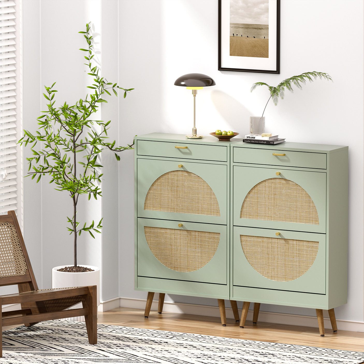 Wooden Entryway Storage Shoe Cabinet with Rattan Doors
