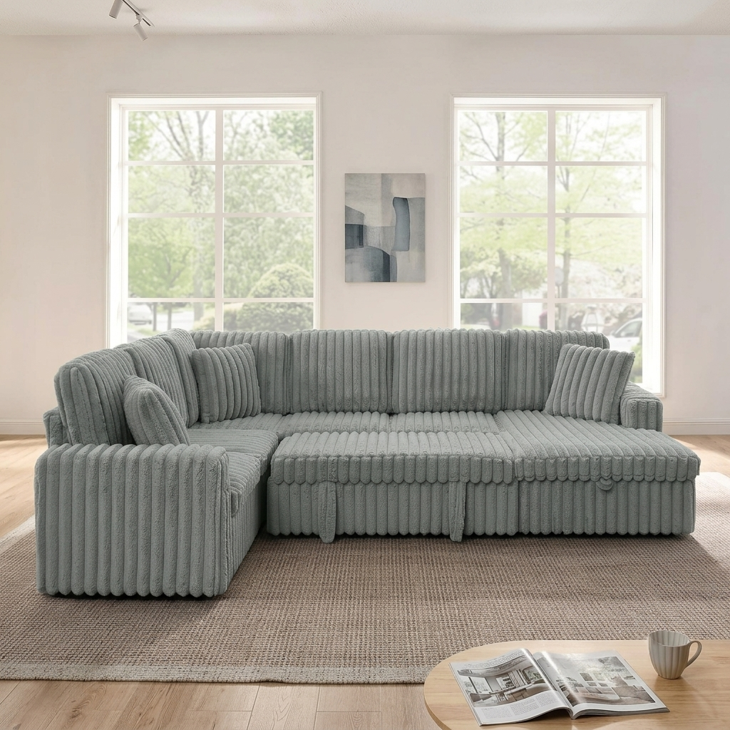 114" U-Shaped Sectional Sofa with Pull-Out Bed, Storage Chaise & USB Ports | Plush Corduroy, Seats 7