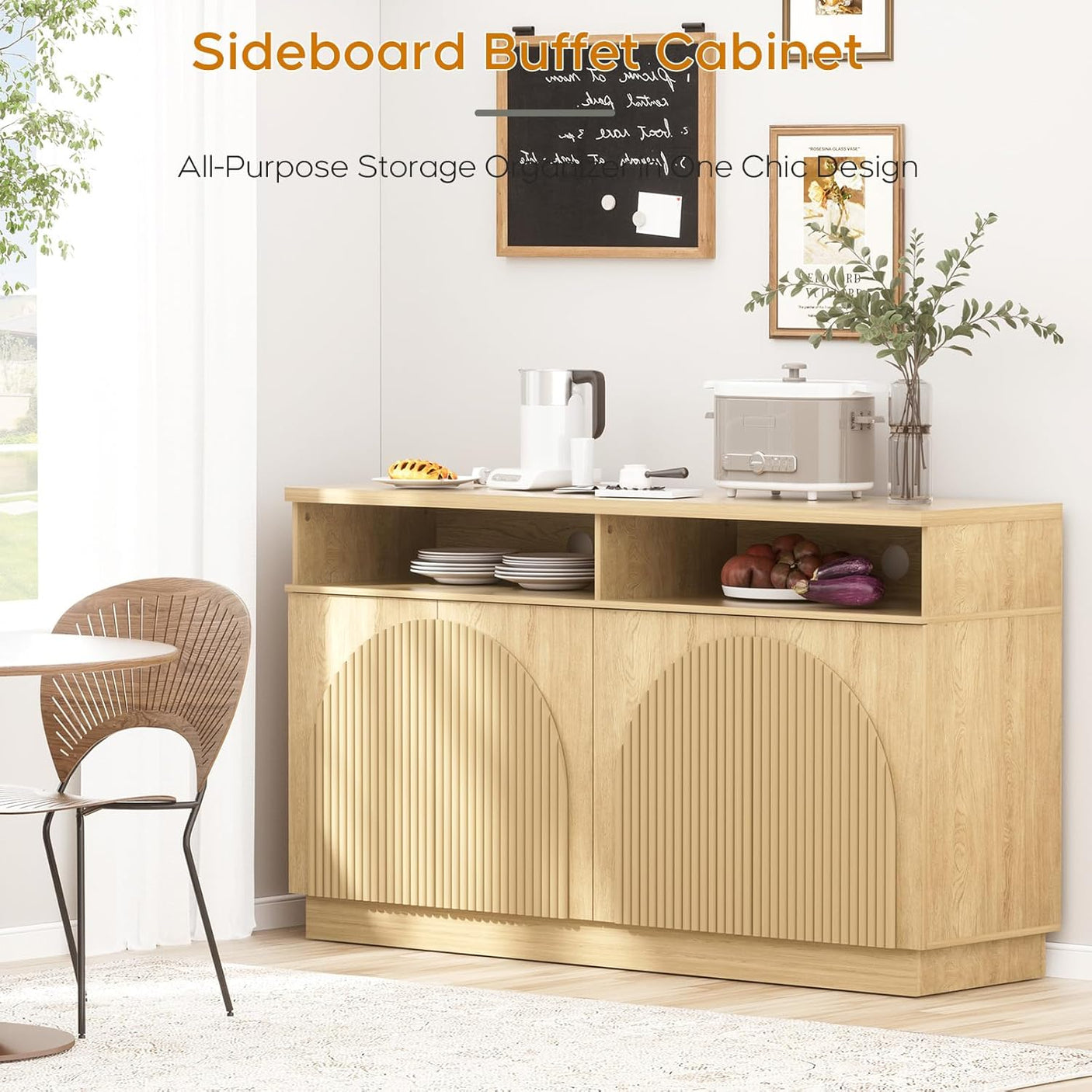 Fluted Sideboard Buffet Cabinet with Arched Reeded Doors - Mid Century Modern Storage