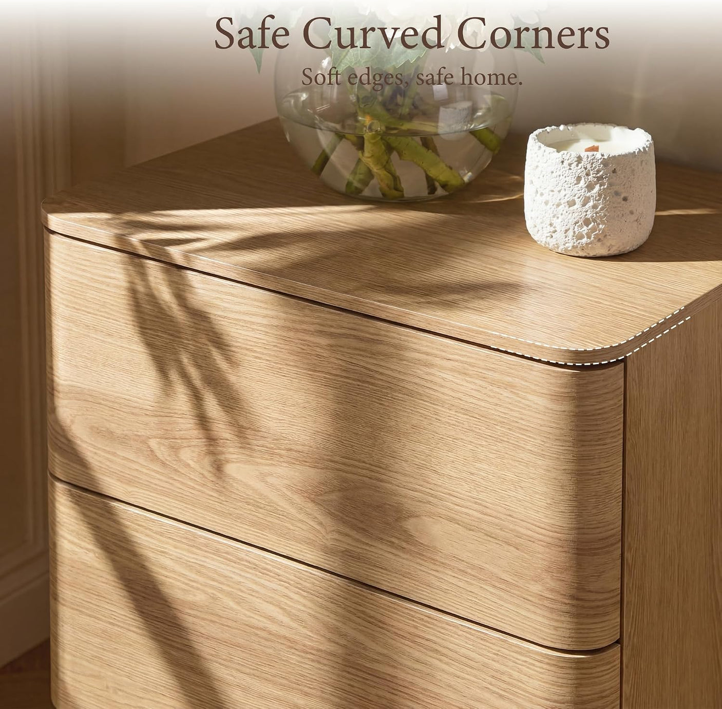 Nightstand with 2 Push to Open Drawers & Hidden Compartment | 22'' Curved Bedside Table | Mid-Century Modern