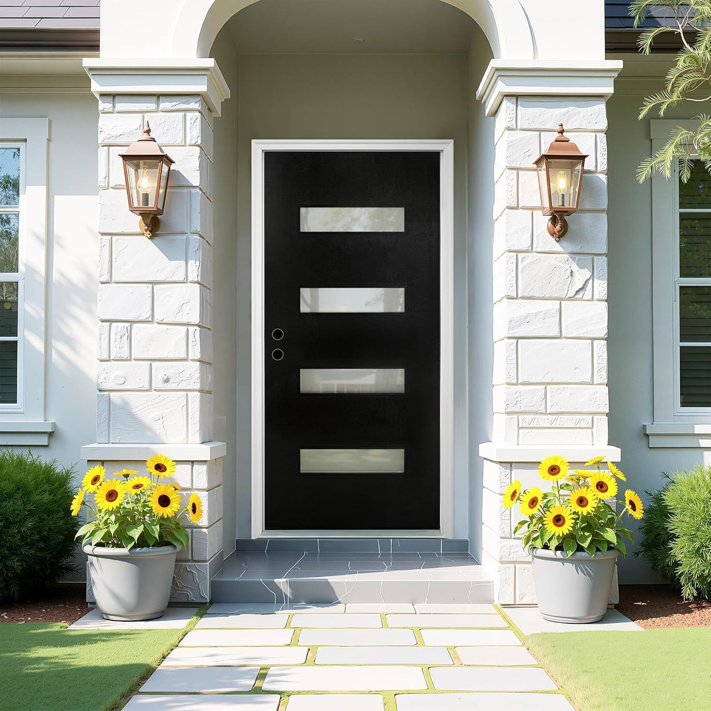 [Slab Only] 36" x 80" Fiberglass Front Door, Contemporary Modern Exterior Door, Frosted Glass Privacy Panel, Pre-Primed Black, Right Hand Inswing (Frame Not Included)