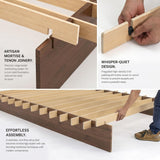 Platform Bed Frame with Dovetail Joinery – 10-Min Assembly, Wood Slats, No Box Spring, Natural| Walnut