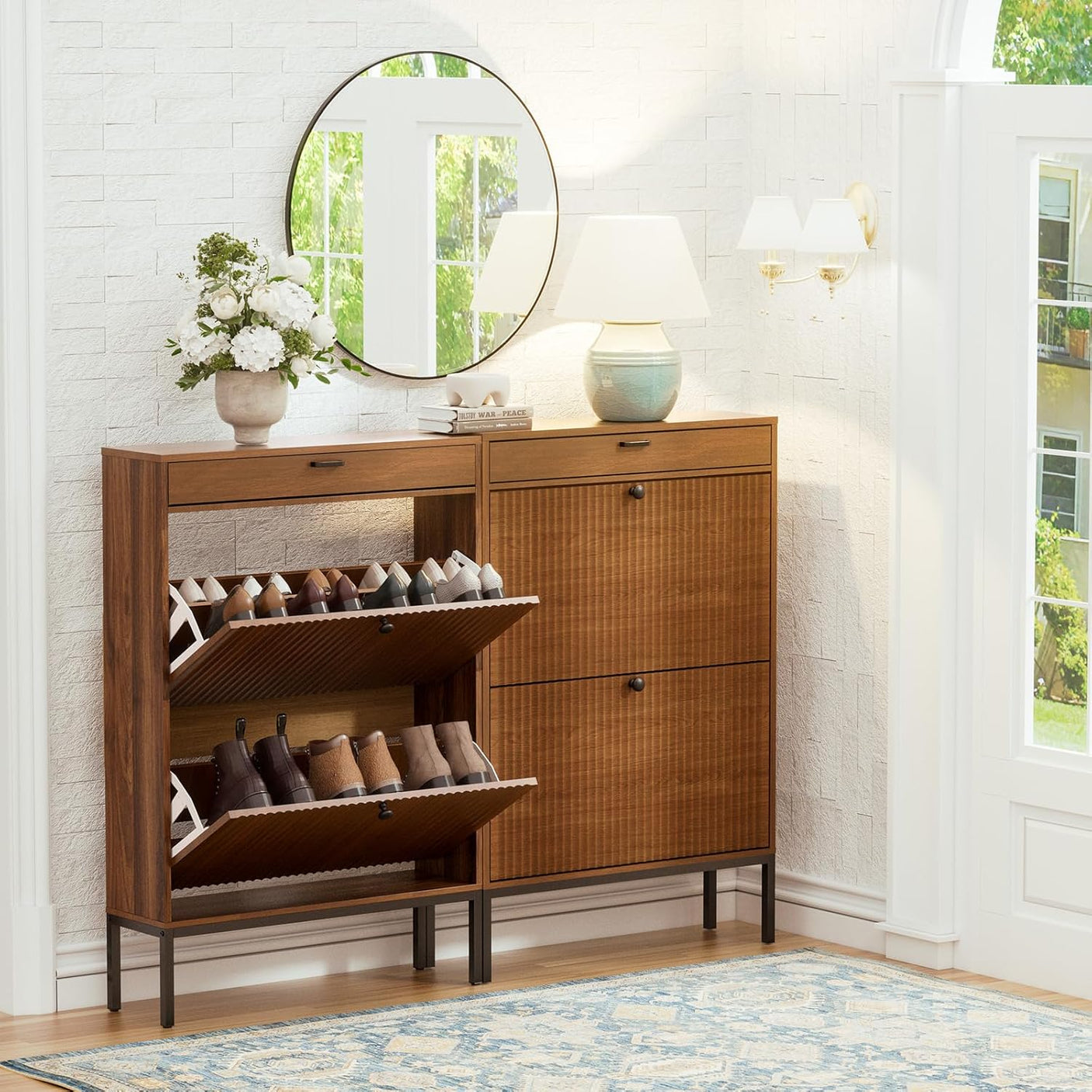 Yechen Shoe Cabinet with Flip Doors, 2 Flip Drawers + Top Drawer, Slim Entryway Organizer for Hallway & Living Room, Walnut