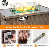 44" Propane Fire Pit Table, 50,000 BTU Outdoor Wicker Gas Fire Table with Glass Wind Guard & Auto Ignition, ETL Certified, Light Brown