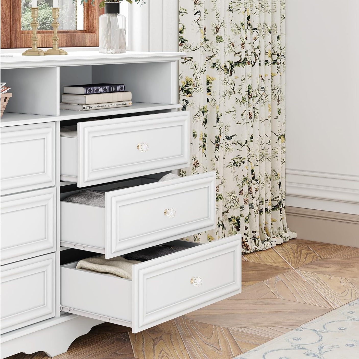 Rustic 6 Drawer Open Shelves Dresser