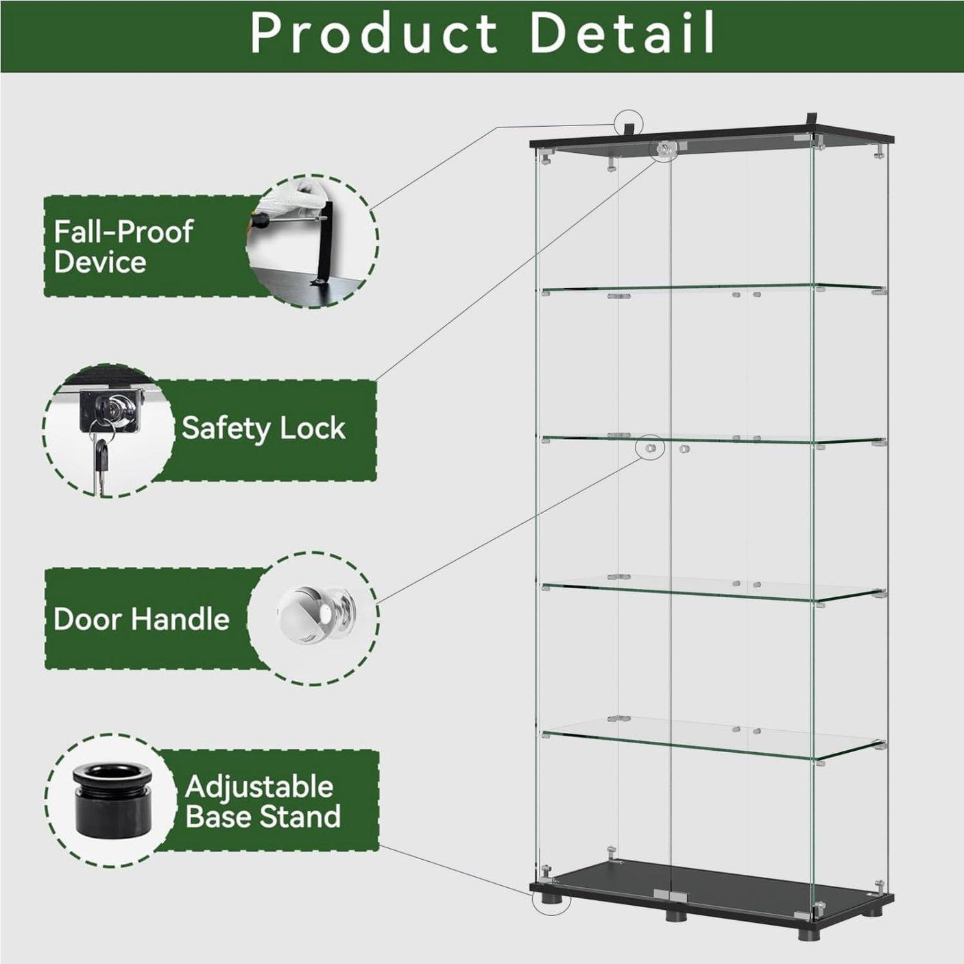 YECHEN Glass Display Cabinet with 5-Shelf | Tempered Glass Curio Cabinet with Lock, Double Doors & Anti-Topple Device