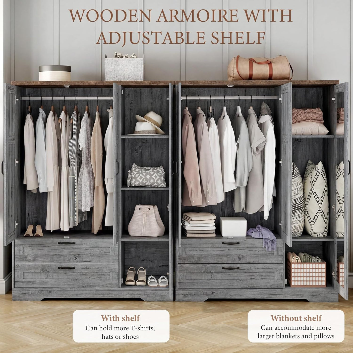 Yechen 3-Door Wooden Wardrobe Closet with Mirror, Drawers & Shelves, Farmhouse Armoire for Bedroom