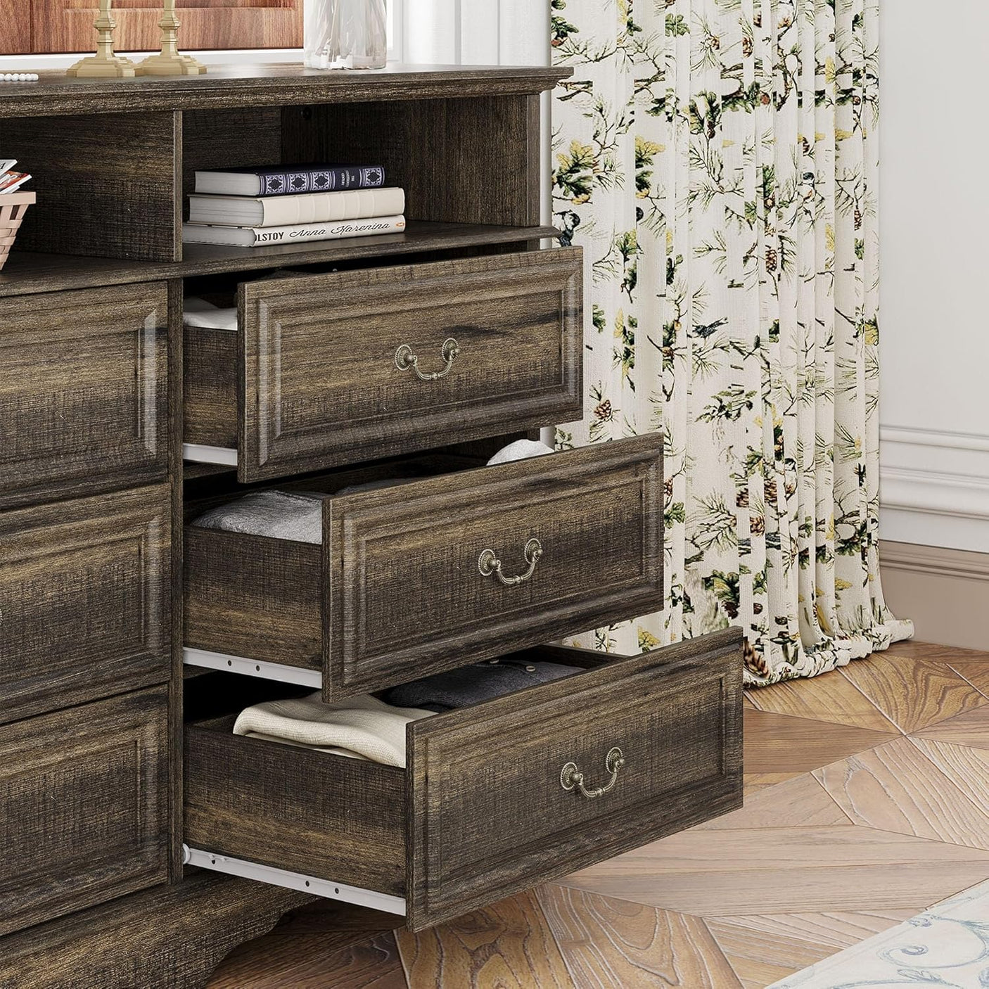 Rustic 6 Drawer Open Shelves Dresser