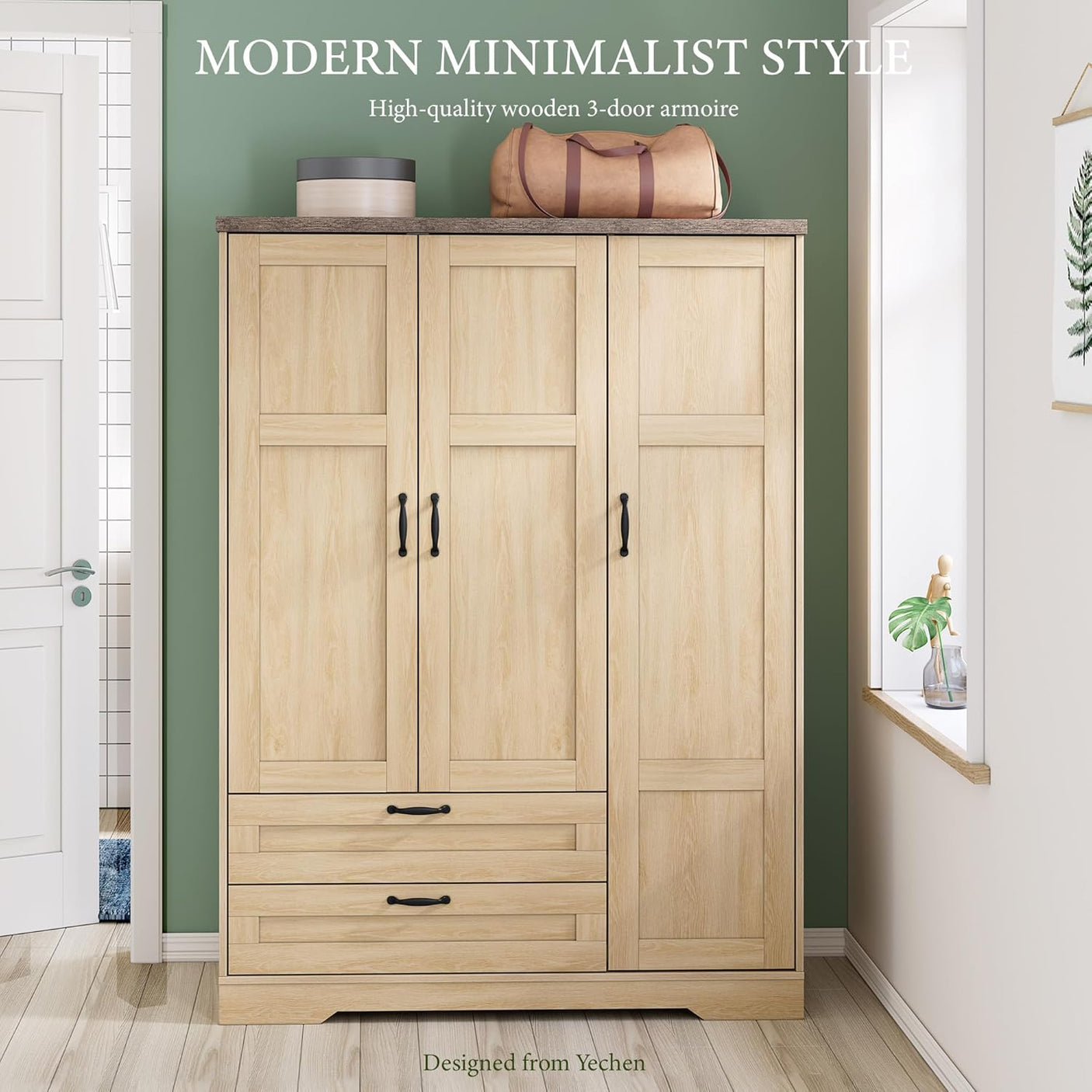 Yechen 3-Door Wooden Wardrobe Closet with Mirror, Drawers & Shelves, Farmhouse Armoire for Bedroom