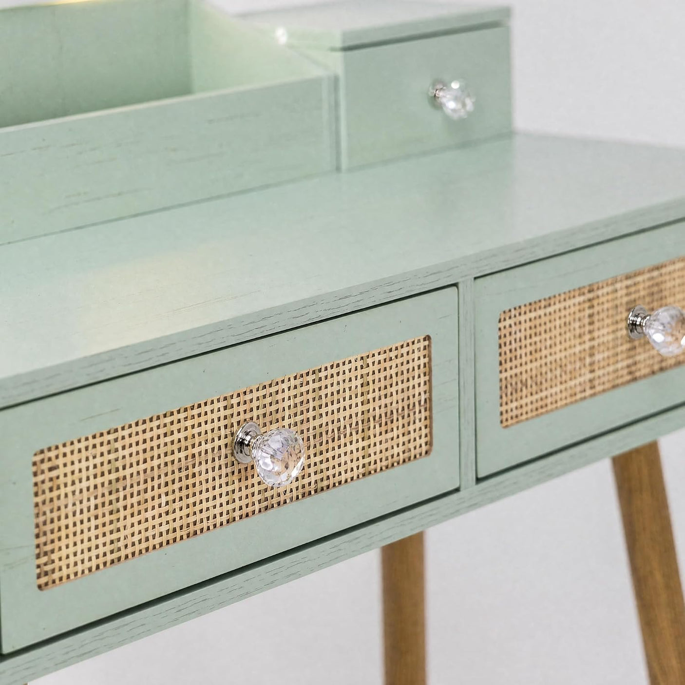 Vanity Desk Set with LED Mirror and Stool, 31" Boho Rattan Makeup Vanity Table, 3-Mode Lighted Mirror, 4 Drawers, Mint, Space-Saving for Bedroom