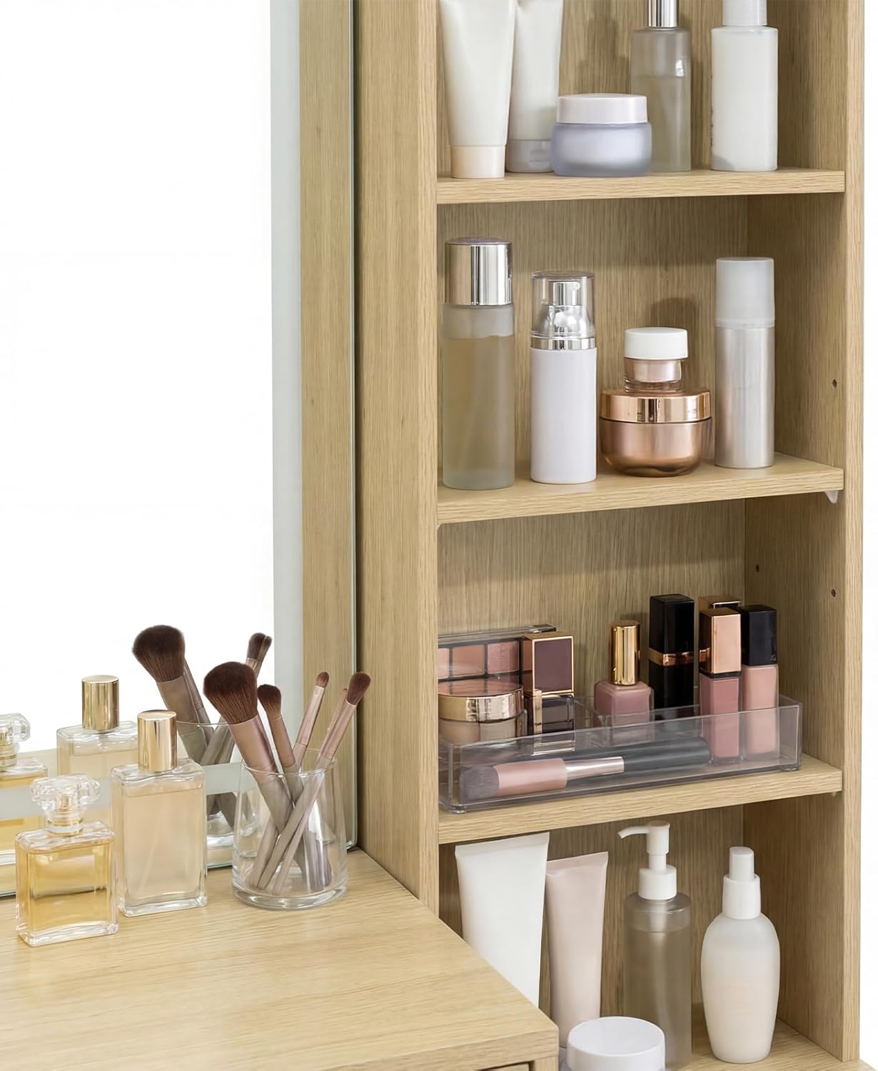 Rattan Makeup Vanity Set with Lighted Mirror & Stool | 43.3" | 5 Drawers | Charging Station | Natural Wood or Mint