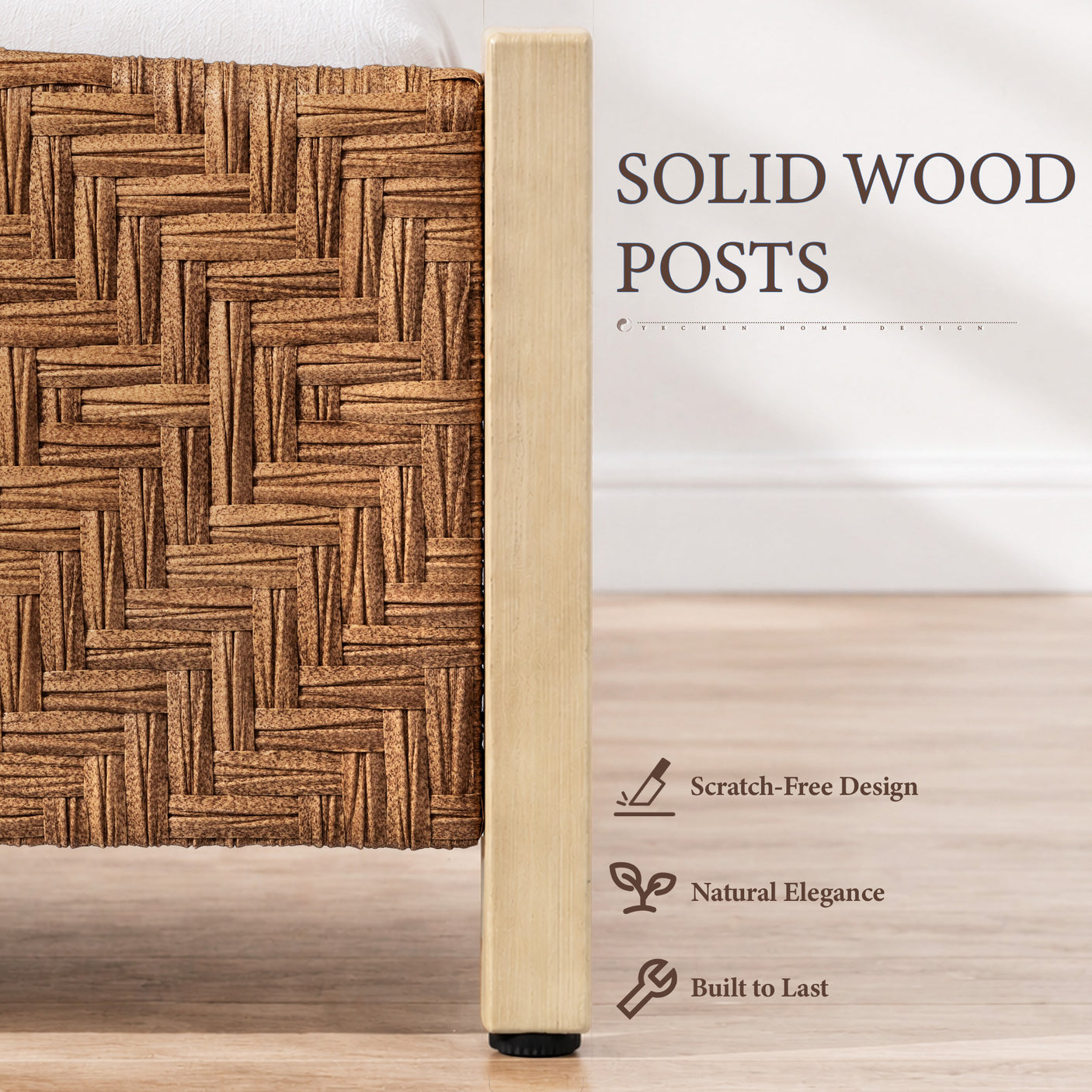 Yechen Rattan Bed Frame | Boho Tall Headboard with Solid Wood Legs