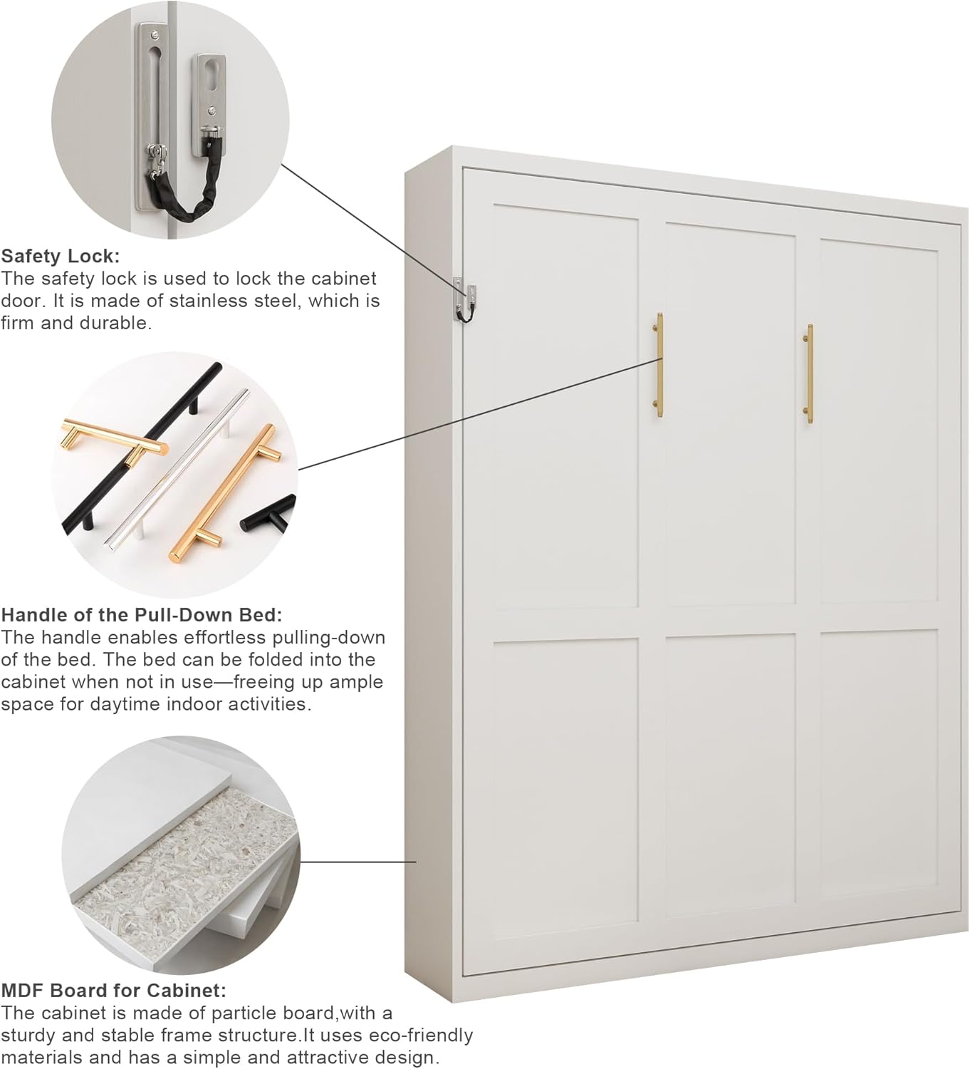 Queen Murphy Bed | White Wall Bed with Grey Slat Frame | Space-Saving Foldable Bed | Yechen Home