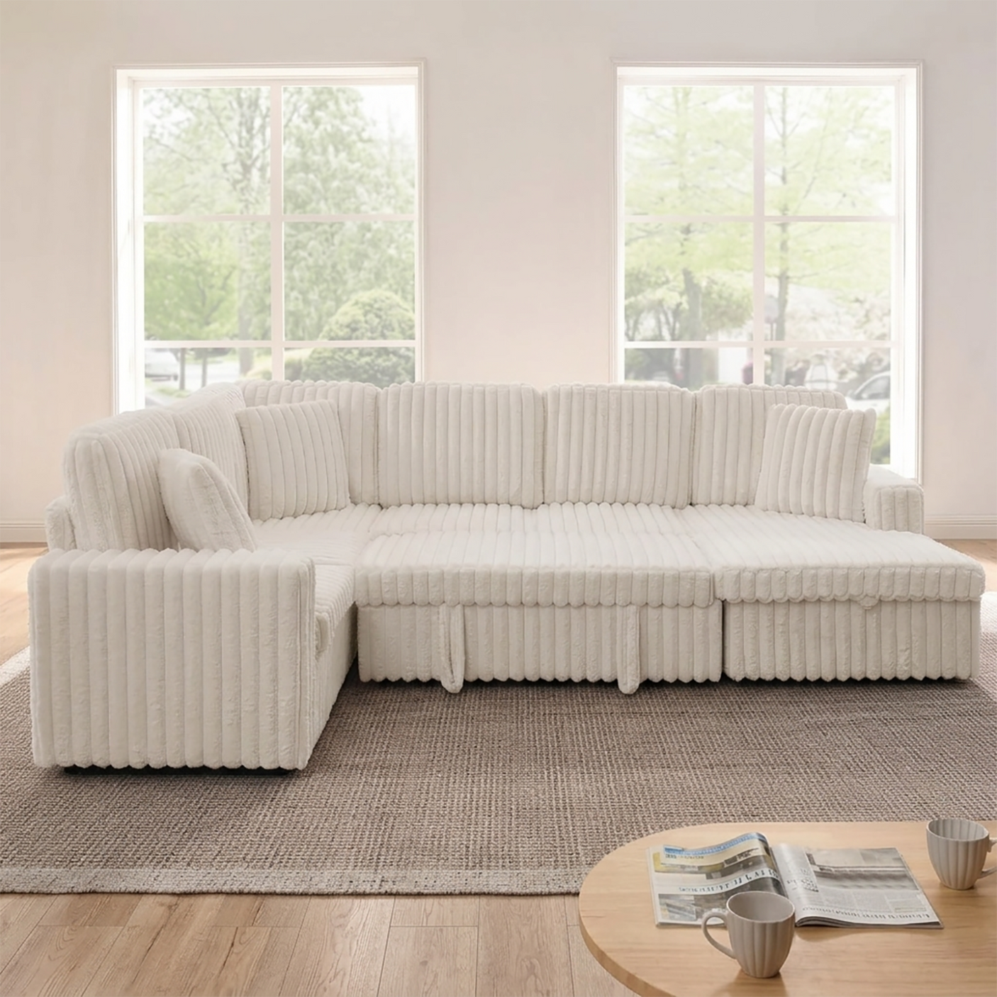 114" U-Shaped Sectional Sofa with Pull-Out Bed, Storage Chaise & USB Ports | Plush Corduroy, Seats 7