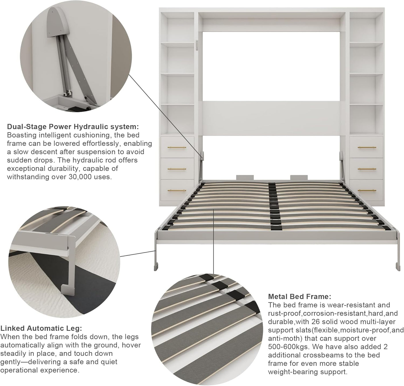 Queen Size Murphy Bed with Bilateral Cabinets & Storage Drawers | Space-Saving Wall Bed | Yechen Home