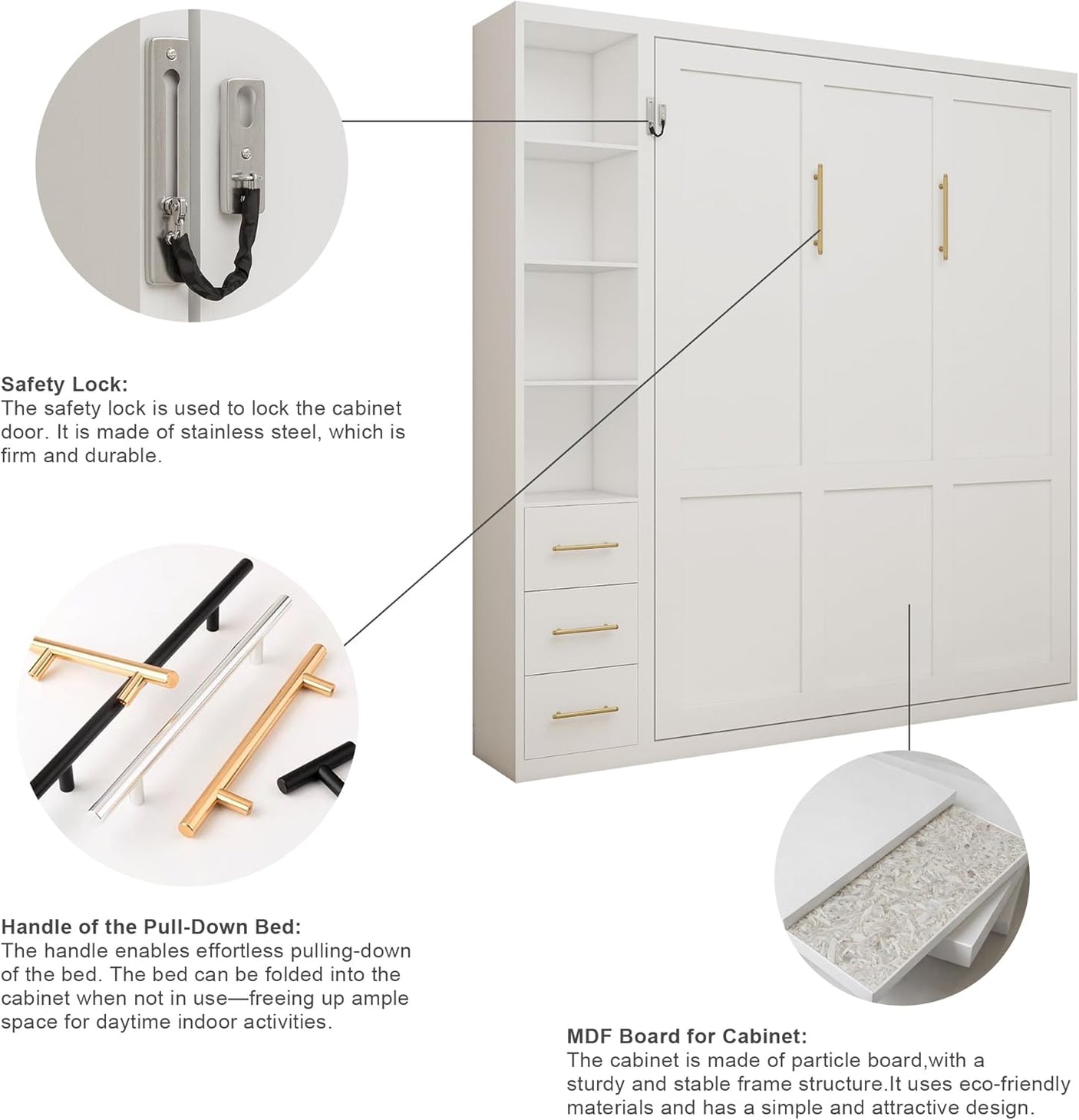 Queen Murphy Bed with Side Storage Cabinet & Bookshelf | Space-Saving Wall Bed | Yechen Home