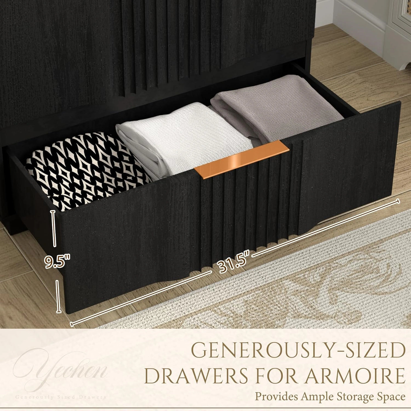 Yechen 67" Fluted Black Armoire Wardrobe with Doors & Drawer - Modern Wood Closet Cabinet