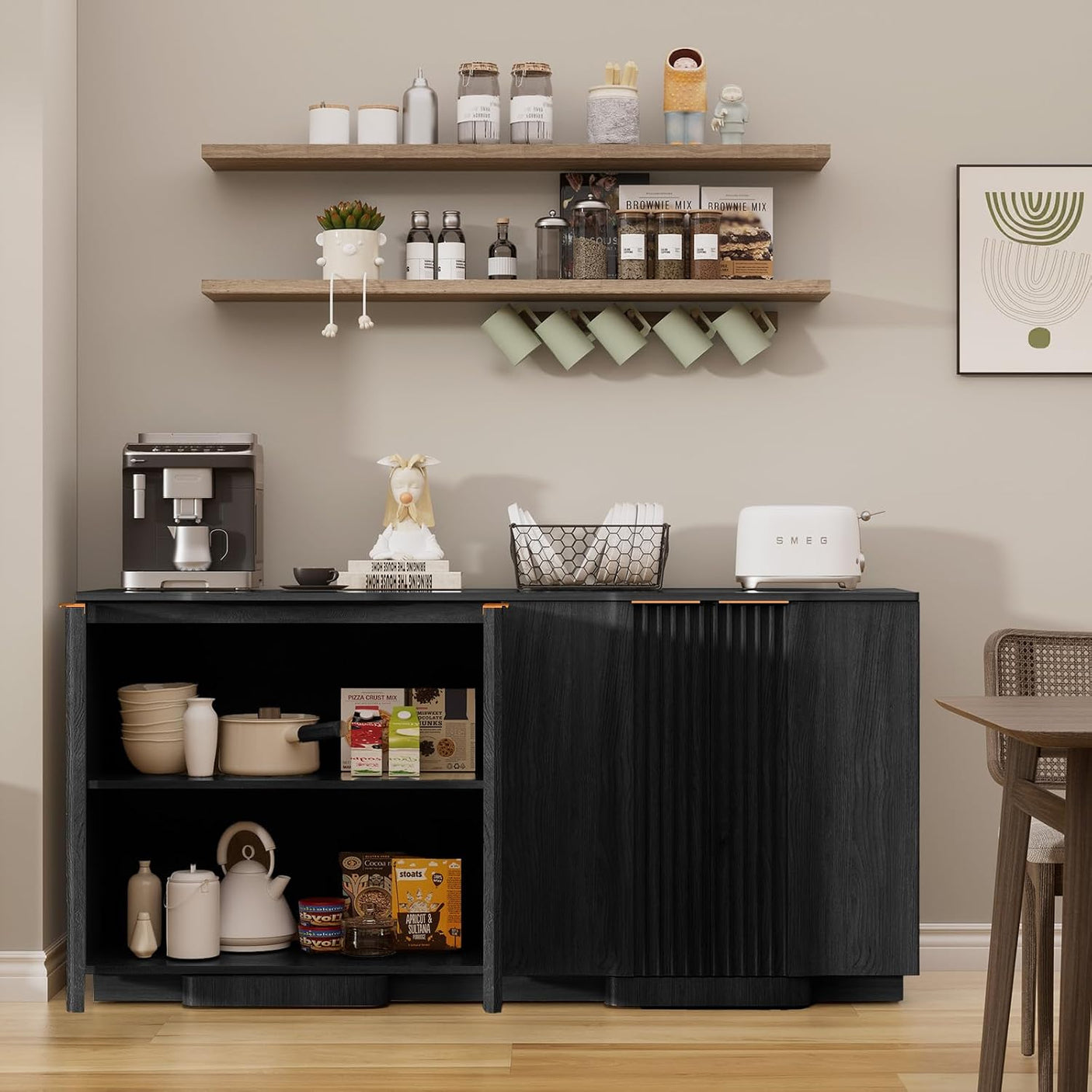 Fluted Buffet Cabinet | 2-Door Sideboard with Adjustable Shelf, Soft Close Hinges & Metal Handle, Black