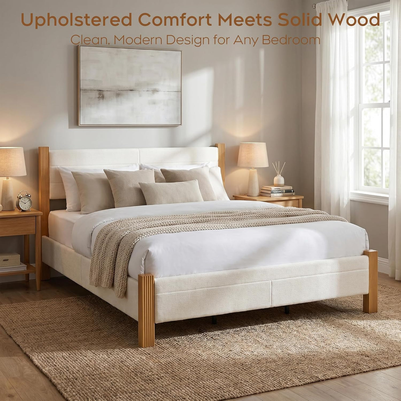 Yechen Upholstered Bed Frame with 47" Tall Headboard, Fluted Panel, Solid Pine Wood Legs, No Box Spring Needed, Off-White