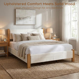 Yechen Upholstered Bed Frame with 47" Tall Headboard, Fluted Panel, Solid Pine Wood Legs, No Box Spring Needed, Off-White