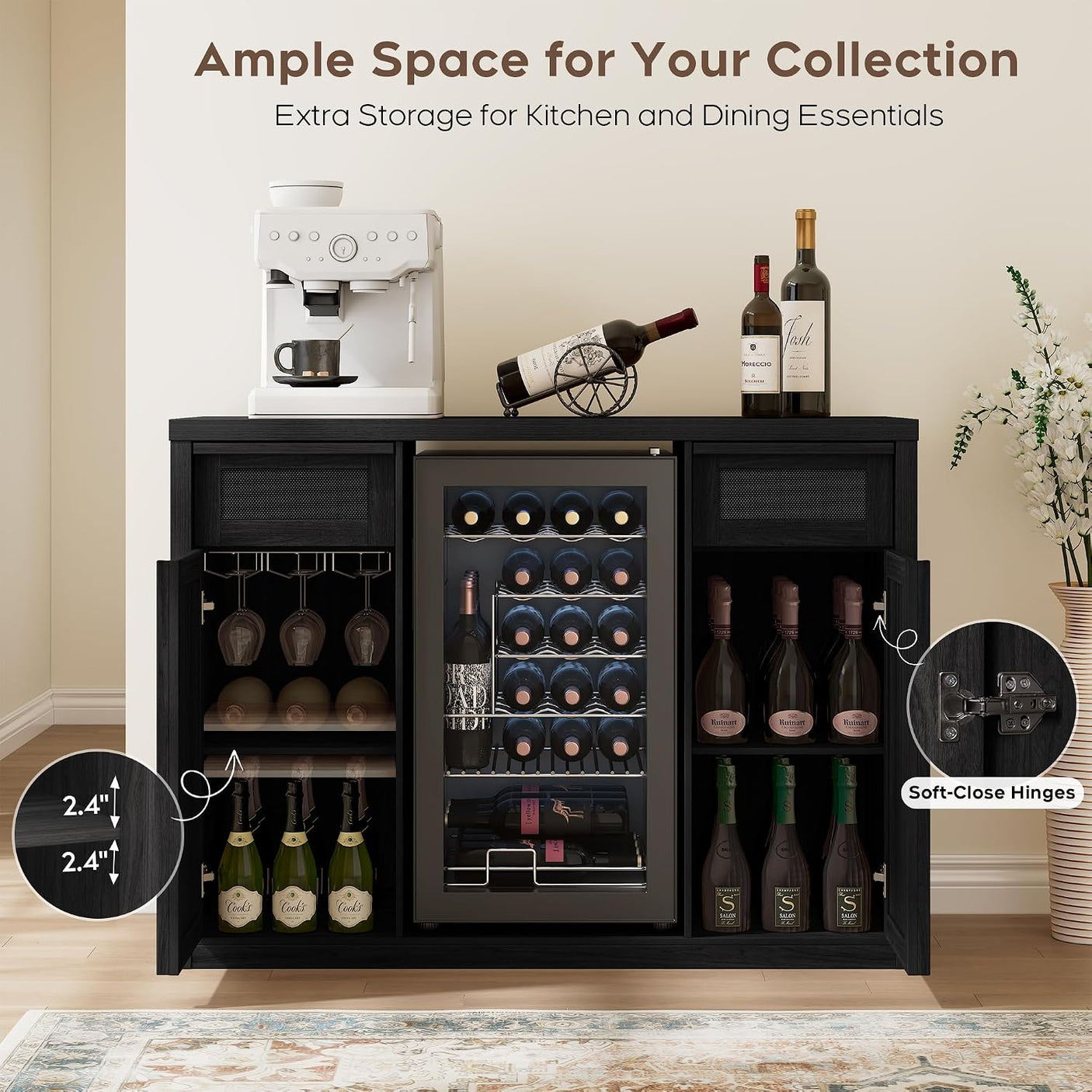 Rattan Coffee Bar Cabinet with Mini Fridge Space - Boho Sideboard with Wine Storage